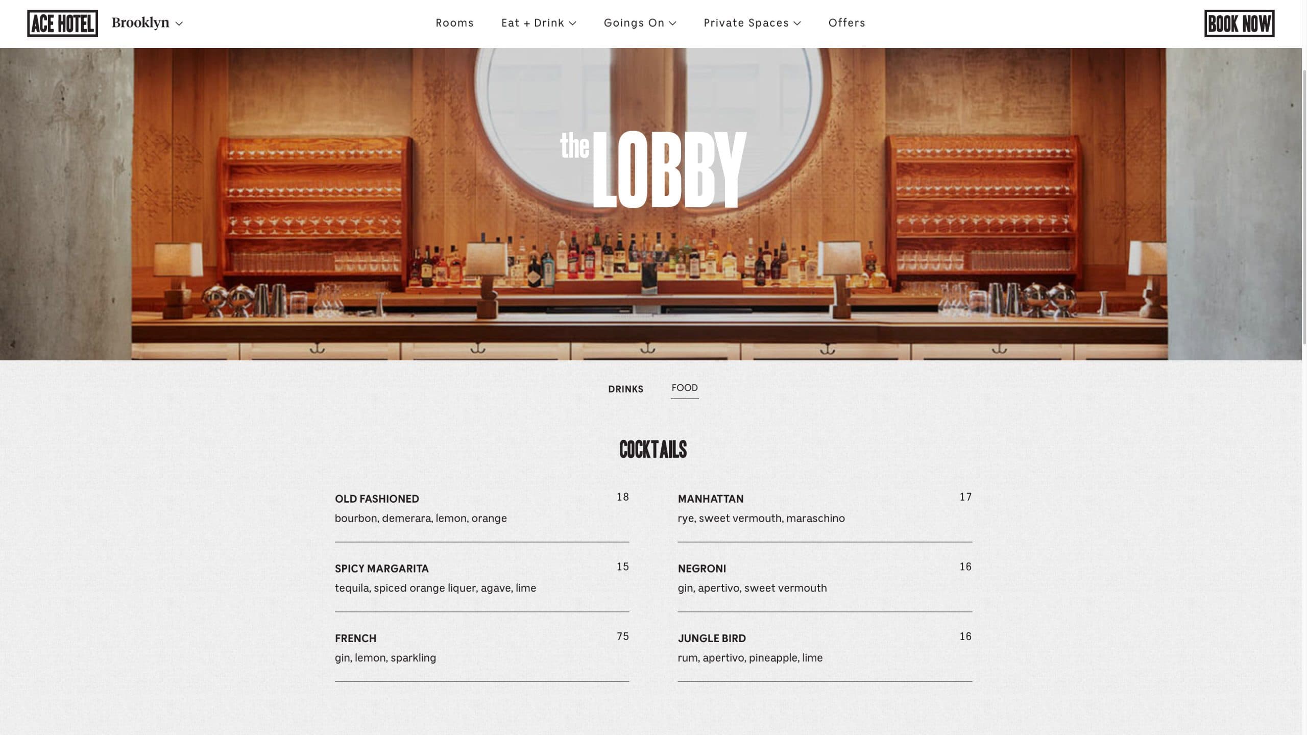 Ace Hotel Menu Page